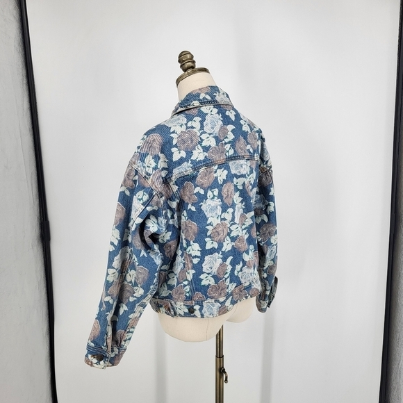 Vintage Floral Print Denim Jacket Button Up Blue Jean Large Judy - Picture 3 of 9